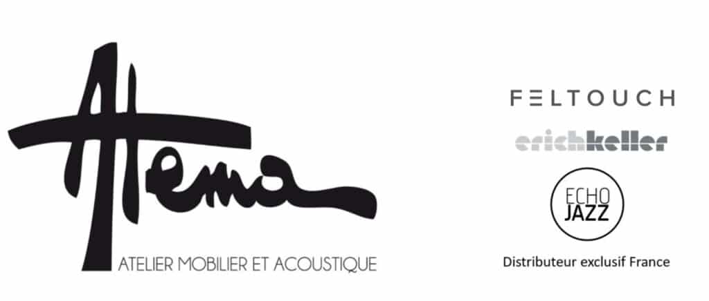 Logo Atelier Mobilier et Acoustique, avec les logos des marques Feltouch, Erichkeller et Echo Jazz. Texte : Distributeur exclusif France.