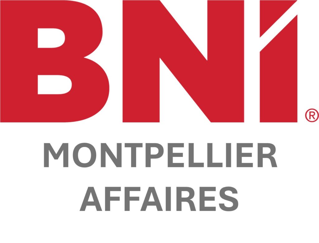 Logo rouge BNI® avec le texte MONTPELLIER AFFAIRES en gris, représentant le réseau d'affaires local.