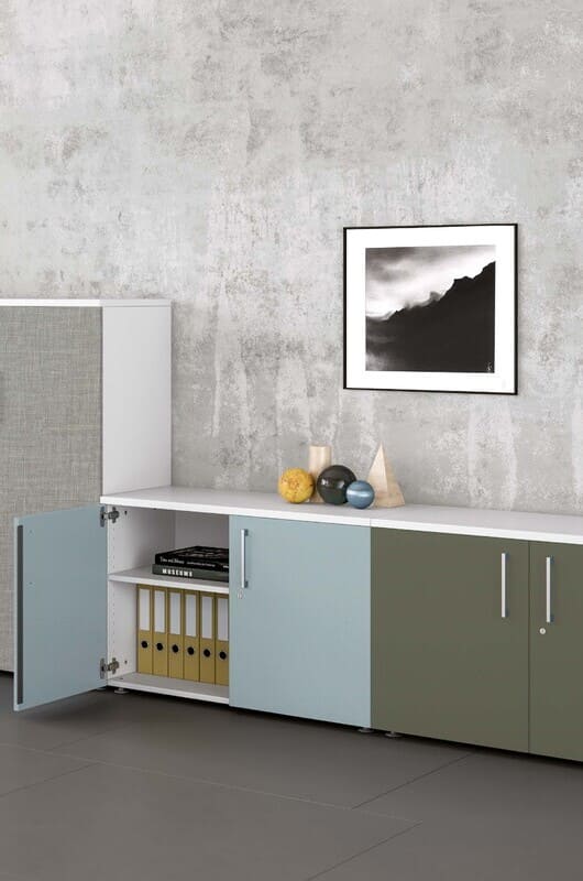 Armoires de bureau bleues et kaki. Porte ouverte sur classeurs jaunes, livre "WOLLEWE". Décorations et tableau de montagne sur mur gris.