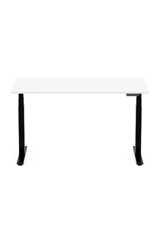 Bureau assis-debout blanc avec pieds noirs et panneau de contrôle numérique. Design épuré et moderne.