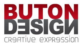 Logo Buton Design, texte rouge 'BUTON' sur gris 'DESIGN' stylisé avec points rouges. Slogan 'CREATIVE EXPRESSION' en gris.