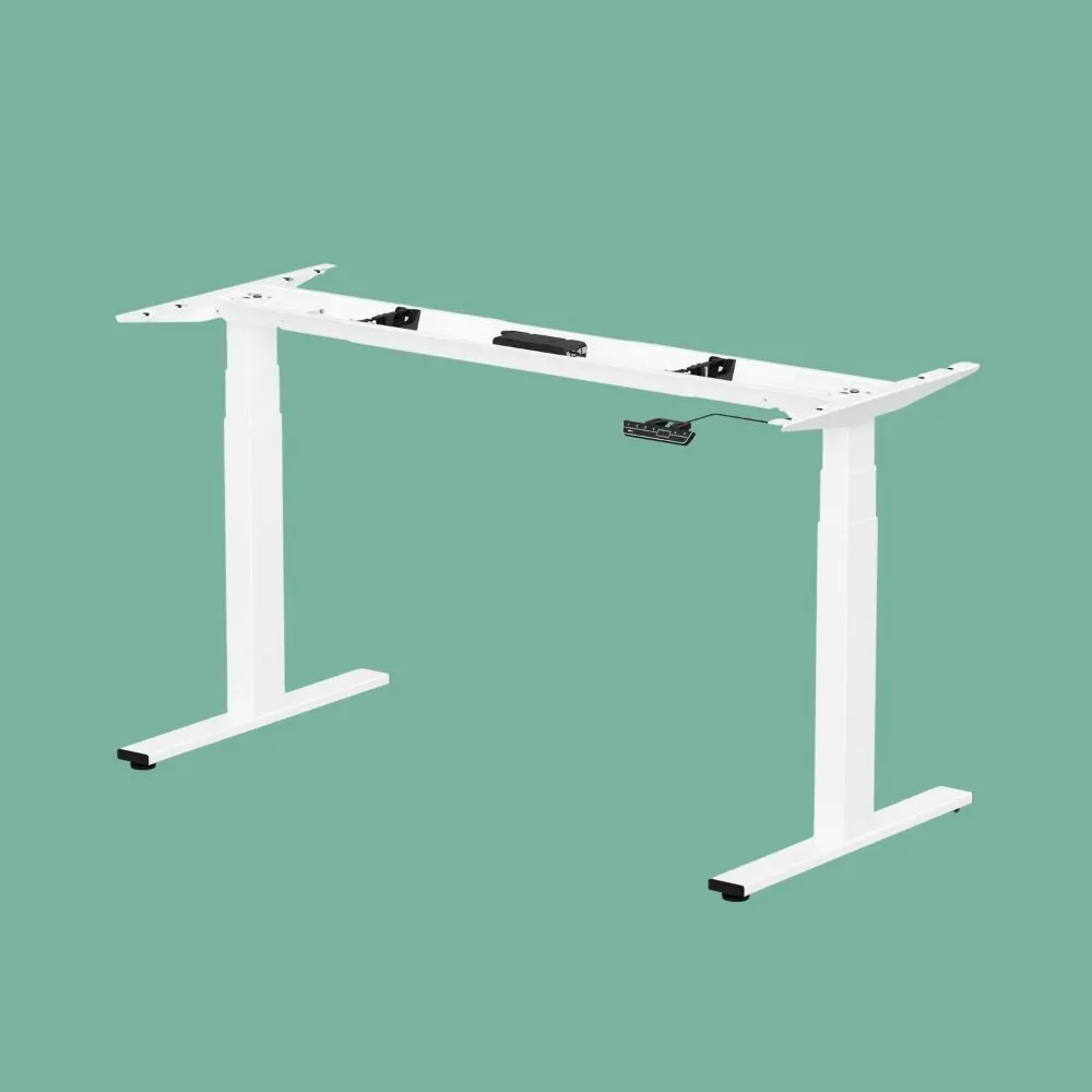 Cadre de bureau assis-debout blanc. Piètement électrique à hauteur réglable avec moteur et panneau de contrôle, prêt pour un plateau.