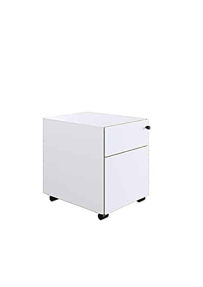 Caisson de bureau mobile blanc à deux tiroirs, avec verrou sur le tiroir supérieur et roulettes noires, idéal pour le rangement de bureau.