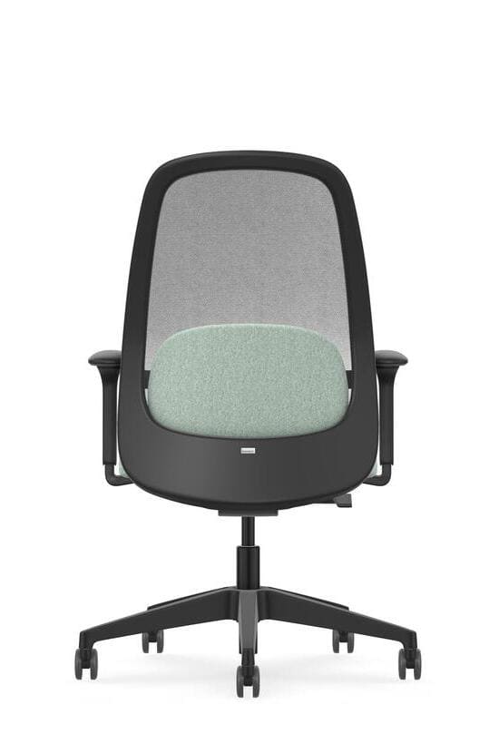 Chaise de bureau ergonomique noire, vue de dos. Dossier en maille gris et coussin lombaire vert clair sur base à roulettes.