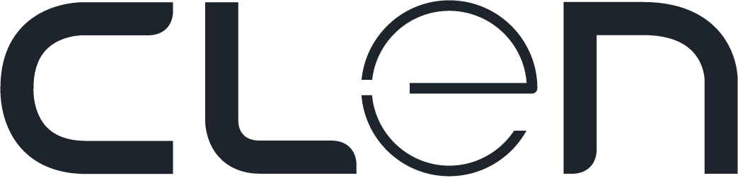 Logo CLEN en lettres épaisses gris foncé, aux formes arrondies et géométriques. Typographie moderne et épurée.