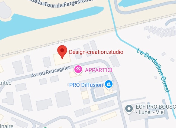 Carte montrant Design-creation.studio (Av. du Roucagnier), APPART'ICI, PRO Diffusion et ECF PRO BOUSC Lunel-Viel, près du Dardaillon Ouest.