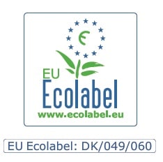 Logo EU Ecolabel: fleur stylisée verte en forme de E entourée d'étoiles bleues. Texte 'EU Ecolabel' et 'www.ecolabel.eu'. Code DK/049/060.