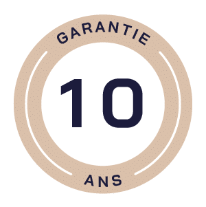 Badge circulaire avec la mention GARANTIE en haut, le grand chiffre 10 au centre et ANS en bas, indiquant une garantie de 10 ans.