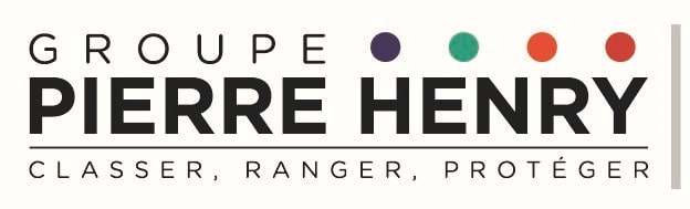 Logo Groupe Pierre Henry: texte noir, quatre points colorés (violet, vert, orange, rouge). Slogan dessous: Classer, Ranger, Protéger.