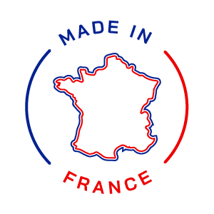 Logo circulaire Made in France. Représentation stylisée de la carte de France avec les couleurs bleu et rouge. Texte "MADE IN" et "FRANCE".