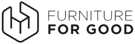 Logo 'FURNITURE FOR GOOD', stylisé avec une chaise dans un cadre hexagonal. Représente l'ameublement éthique et durable.