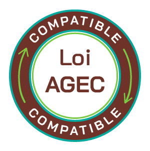 Logo circulaire marron et vert "Compatible Loi AGEC" avec des flèches rotatives. Symbolise la conformité à la loi.
