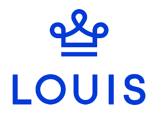 Logo bleu minimaliste: une couronne stylisée surmonte le nom LOUIS en majuscules. Symbole de marque élégante et royale.