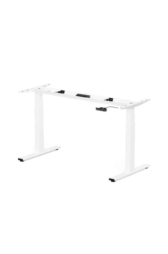 Piètement de bureau assis-debout électrique blanc, réglable, sans plateau. Deux pieds robustes, barre transversale et boîtier de commande.