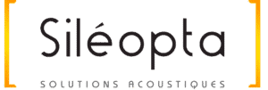 Logo Siléopta sur fond vert foncé, encadré par des crochets orange. Texte "Siléopta" en noir et "SOLUTIONS ACOUSTIQUES" en orange.