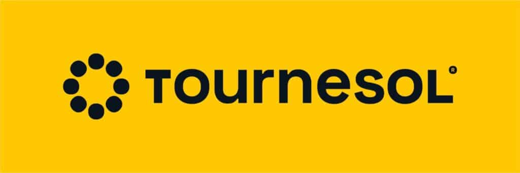 Logo Tournesol noir sur fond jaune éclatant. Le design moderne présente une fleur stylisée de points et le texte 'tournesol' (®).